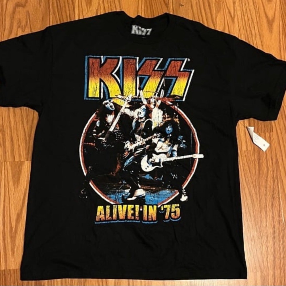 Kiss World Tour Alive In 75 Retro Style Black T Shirt Mens Large Band Tee NWT